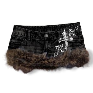 Reworked Y2K Grunge Gyaru Goth Fur Trim Denim Mini Skirt