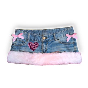 Reworked Y2K Coquette Kawaii Pink Leopard Gyaru Fur Trim Denim Micro Skirt