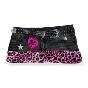 Reworked Y2K Emo Scene Mcbling Leopard Fur Trim Denim Micro Skirt