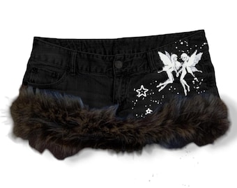 Y2K Whimsigoth Fairy spijkerrok met grunge-bontafwerking