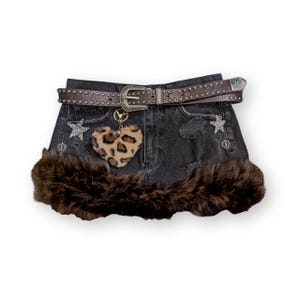 Reworked Y2K Grunge Gyaru Rave Fur Trim Denim Mini Skirt