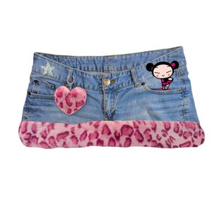 Reworked Y2K Cute kawaii harajuku Fur Trim Denim Mini Skirt