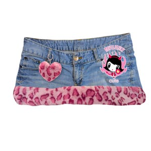 Reworked Y2K Cute kawaii harajuku Fur Trim Denim Mini Skirt