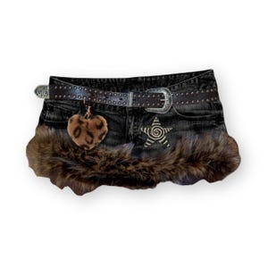 Reworked Y2K Grunge Gyaru Rave Fur Trim Denim Mini Skirt