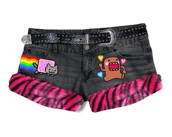 Y2K Cat Scene Rave Fur Trim Denim Micro Shorts
