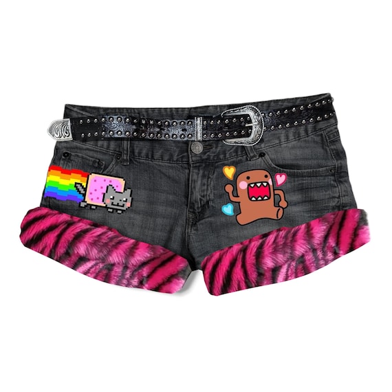 Y2K Cat Scene Rave Fur Trim Denim Micro Shorts - Etsy display picture 1