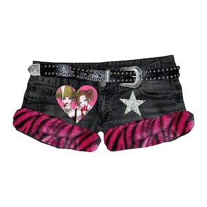 Reworked Nana Gyaru Mcbling Anime Pink Zebra Fur Trim Denim Micro Shorts