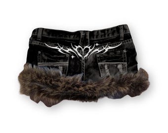 Reworked Y2K Grunge Gyaru Fur Trim Denim Mini Skirt