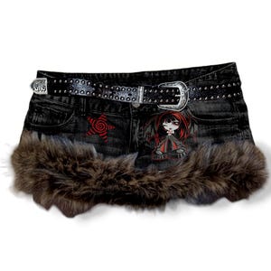 Y2K Alternative Mall goth Grunge Fur Trim Denim Micro Skirt