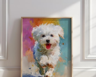 Happy Maltese Dog Oil Painting | White Maltese Puppy Art with Colorful Background Print | Pet Portrait Wall Art Poster | Digital Download