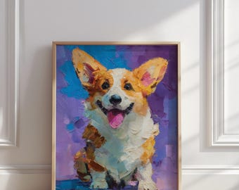 Pintura al óleo de perro Corgi / Retrato de mascota sonriente con fondo morado / Arte mural de animales adorables para amantes de los perros / Descarga digital