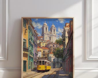 Dipinto a olio di strada del tram di Lisbona / Decorazione per la casa con paesaggio urbano di Alafama e stampa di viaggio in Europa / Poster artistico murale della città portoghese / Download digitale