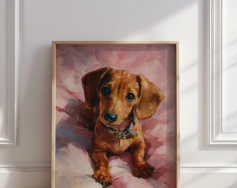 Brown Dachshund Puppy Oil Painting | Pet Portrait Print with Pink Background | Animal Wall Art Poster for Dog Lovers | Digital Download