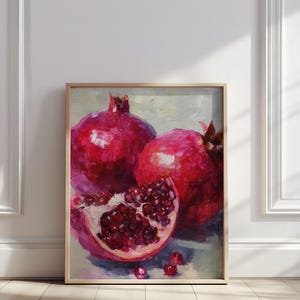 Pomegranate Wall Art Digital Print | Realistic Oil Painting Fruit Print | Red Kitchen Decor | Botanical Poster | Rustic Farmhouse Wall Art