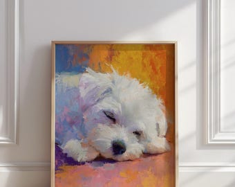 Sleeping Maltese Dog Painting | White Maltese Puppy Art with Colorful Background Print | Cute Pet Portrait Wall Art Decor | Digital Download