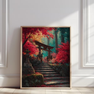 May include: Framed art print depicting a Japanese scene with a torii gate, stone steps, and vibrant red foliage. The artwork features a warm color palette with a focus on the autumn season. The print is displayed on a wooden floor against a white wall.