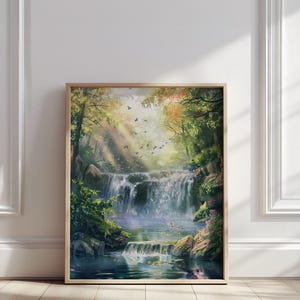 Forest Waterfall Wall Art | Watercolor Landscape Painting | Serene Nature Scene | Digital Download | Waterfall Art Print