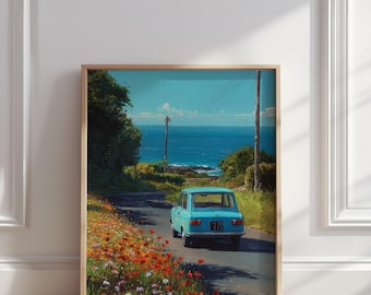Vintage Coastal Drive Oil Painting | Blue Classic Car by the Ocean Road Print | Nostalgic Summer Travel Wall Art Poster | Digital Download