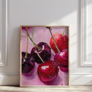 Cherry Wall Art Digital | Realistic Oil Painting Fruit Print | Red Kitchen Decor | Summer Botanical Girly Poster | Printable Food Art