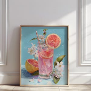 Pink Lemonade Wall Art | Gouache Drink Poster with Grapefruit and Flowers | Refreshing Summer Kitchen Print | Digital Download