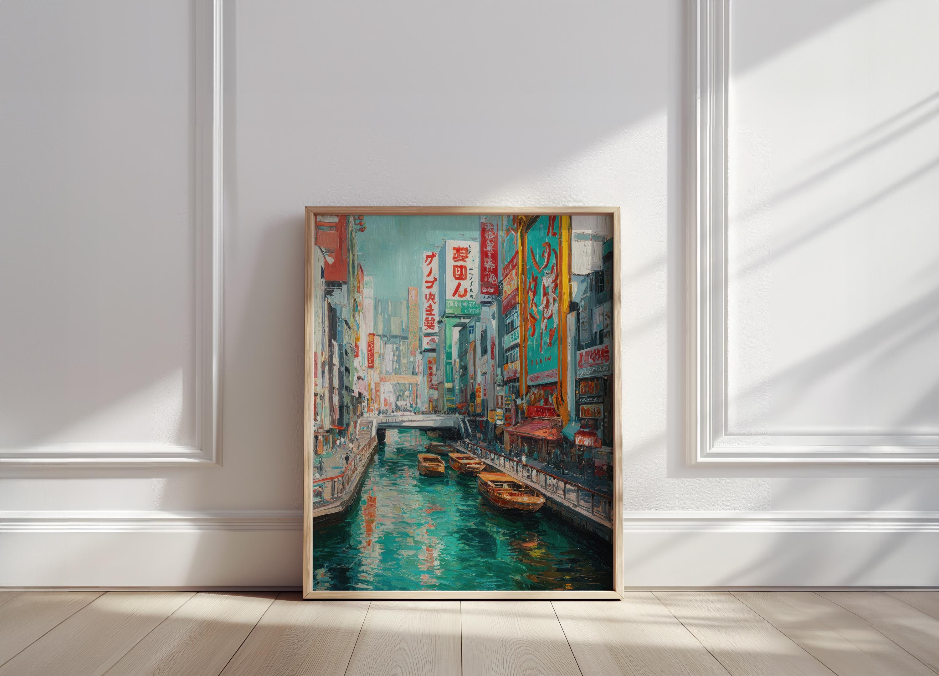 道頓堀運河風景油絵 | 大阪の街の反射とボートの壁アートポスター