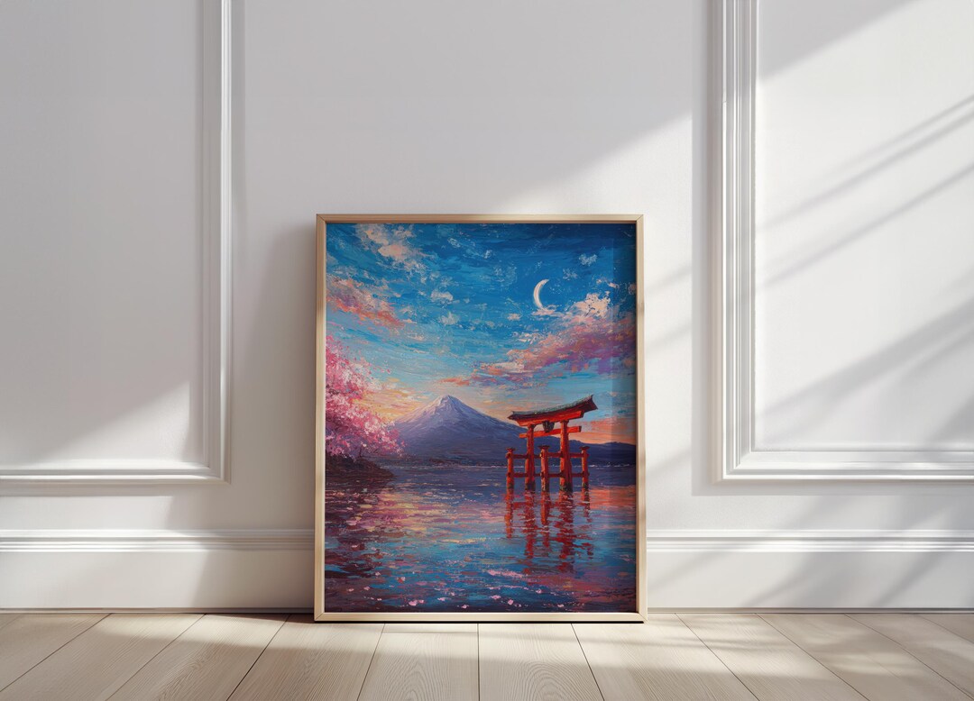 Mount Fuji Torii Gate Oil Painting |japan Lake Reflection With Cherry ...