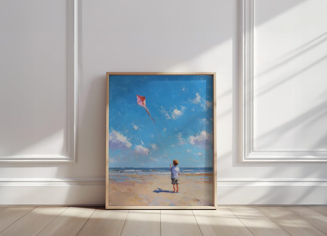Child Flying Kite on Beach Oil Painting | Peaceful Coastal Poster With ...
