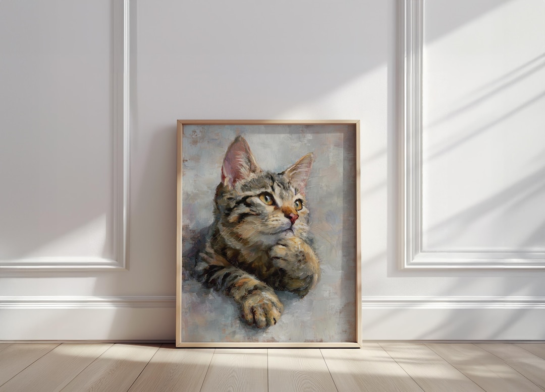 Tabby Cat Oil Painting | Gray and Brown Tabby Cat Paw Pose Print for ...