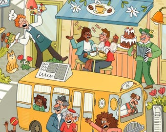 Whimsical City Life Art Print: Cartoon People Scene (Digital Download)