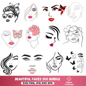 Woman Face SVG Bundle | Beautiful Face| Eyelashes, Lips, Eyes, Girl Head Clipart | Face SVG Files for Cricut & Silhouette | Instant Download