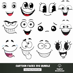 Cartoon Emotion Faces SVG Bundle, Kawaii Face SVG, Cute Funny Face SVG, Emoji face, cartoon face clipart, comics face, png, Silhouette