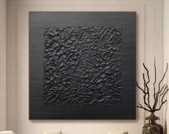 Wabi Sabi zwarte muurkunst met structuur, minimalistisch vierkant canvas