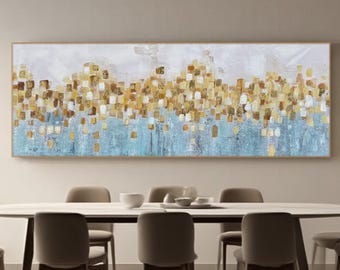 Handgeschilderde goudkleurige en blauwgroene geometrische canvaskunst - modern minimalistisch schilderij
