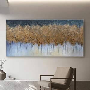 Abstract Floral Landscape Painting: Gold & Blue Acrylic Canvas Art