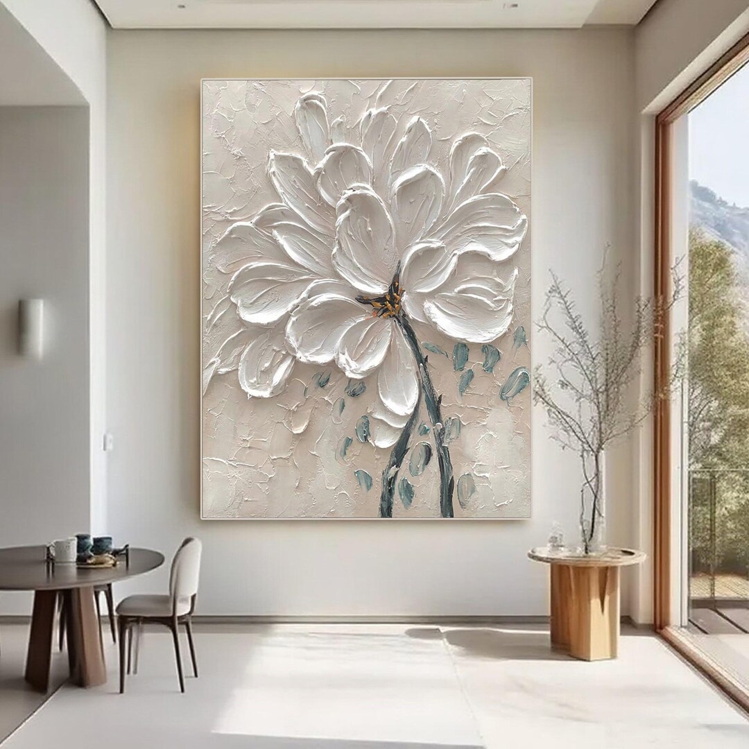 White 3D Textured Flower Painting, Minimalist Floral Canvas Wall Art - Etsy