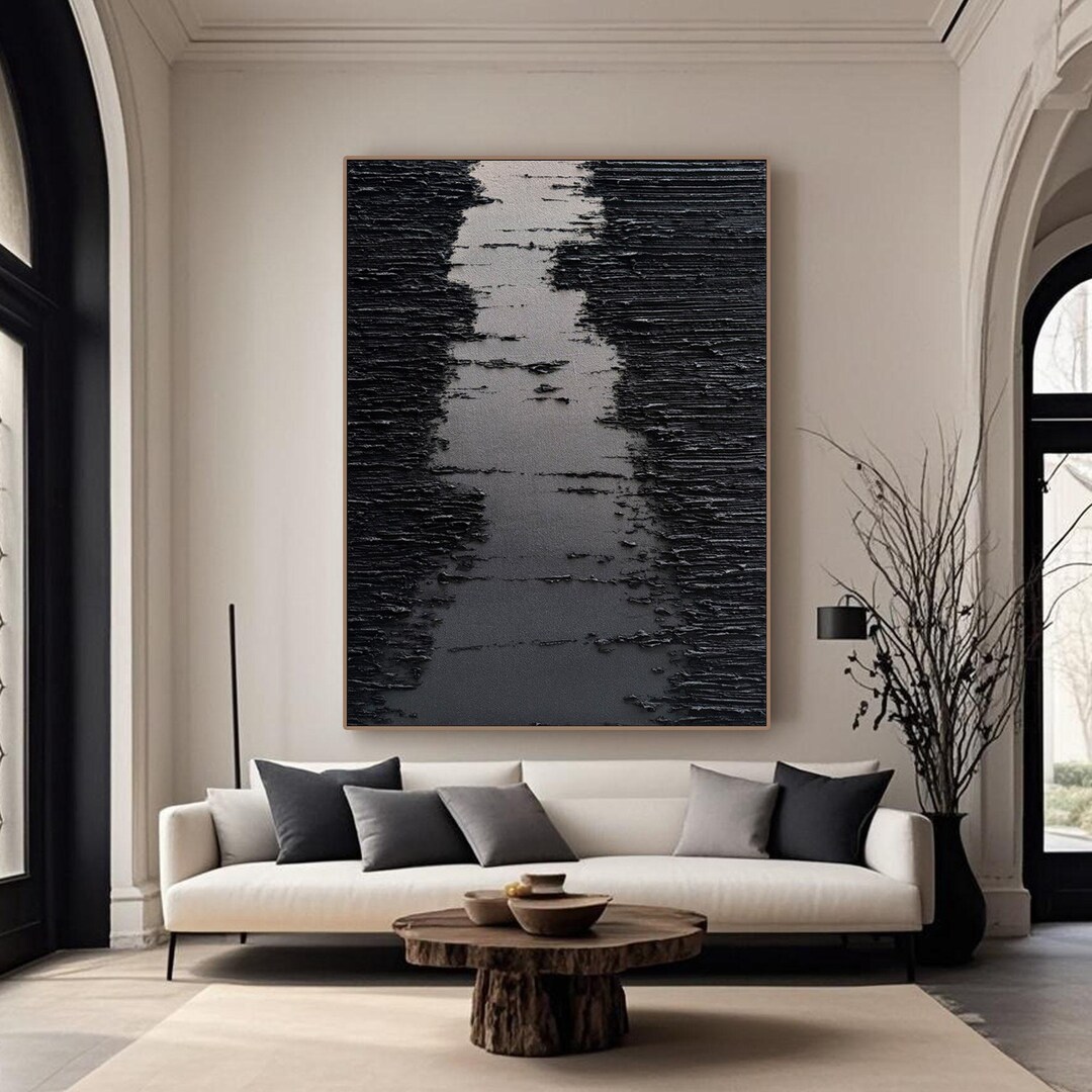 Large Black Abstract Wall Art | 3D Textured Canvas Painting | Modern ...