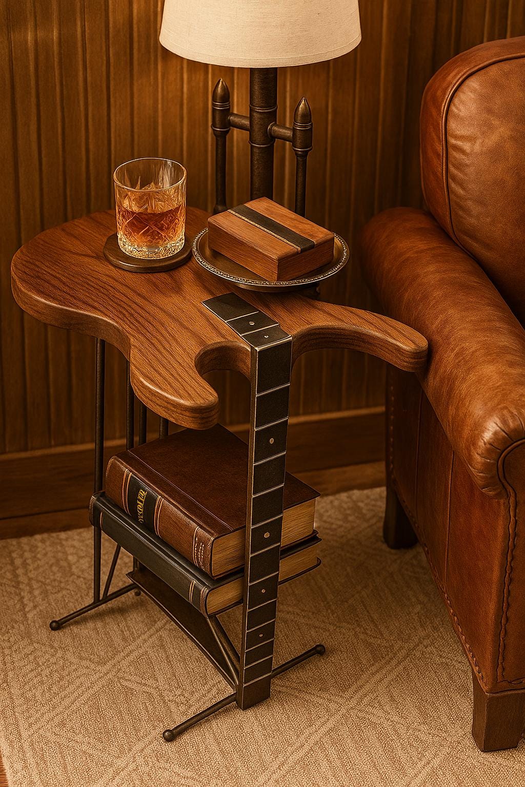 Handcrafted Mahogany Guitar Side Table – Unique Metal Leg Design