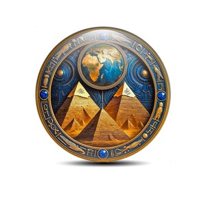 May include: A circular, gold-coloured decorative item with a detailed design of two pyramids, a globe, and hieroglyphs. The background is blue with gold accents and blue gemstones. The item has a glossy finish.