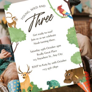 Wild and Three Party Invite | Jungle Safari 2rd Birthday Invitation | Editable Animal Theme