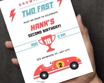 Plantilla Canva para dos tarjetas de cumpleaños rápidas / Tema de auto de carreras editable para el segundo cumpleaños / Descarga digital / Tarjeta imprimible divertida para niños pequeños