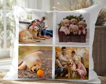 May include: White square throw pillow featuring four photo collages. The collages depict a family with a dog, puppies in a basket, a puppy with a ball, and a family with a dog in an outdoor setting. The pillow is on a woven mat.