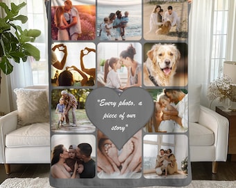 May include: A personalized gray blanket featuring a collage of family photos. The blanket includes a heart-shaped graphic with the text "Every photo, a piece of our story". The photos depict various family moments, including couples, children, and a dog.