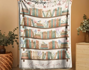 Personalized Bookish Blanket, Custom Name Reading Throw For Book Lovers, Vintage Library Floral Cottagecore Gift, Cozy Reader Throw Blanket