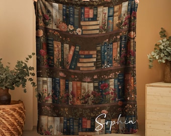 Personalized Bookshelf Blanket with Name | Vintage Library Throw Cottagecore | Custom Book Lover Gift for Reader | Dark Academia Decor