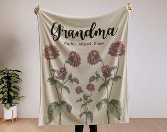 Personalized Grandma Blanket With Grandkids Names, Floral Throw Blanket, Gift For Mom Mother’s Day Gift Custom Nana Blanket Birthday Present