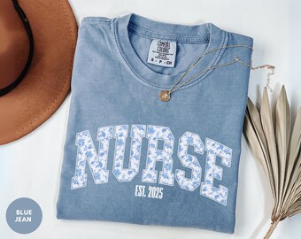 Comfort Colors® Toile Floral Nurse Shirt, Personalized RN T-Shirt, Nurse Graduation Gift, Nursing Student Tee, Nurse Week Gift For Her