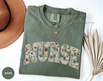 Comfort Colors® Floral Nurse Shirt, Personalized Nursing Tee RN Graduation Gift Nurse Week Shirt Nursing Student Gift For Her healthcare tee