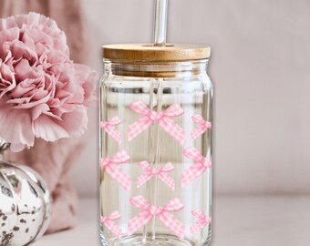 Pink Bow Clear Glass Tumbler, Coquette Aesthetic Cup With Bamboo Lid ...