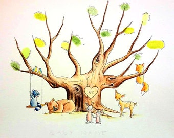 Woodland animals nursery Baby shower Guest Book Tree fingerprint tree hand painted custom
