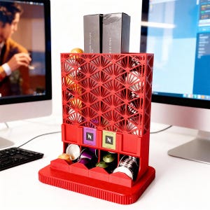 May include: A red coffee pod holder with a geometric fan-like design. The holder has multiple compartments for coffee pods and two boxes on top. The holder is on a white surface.